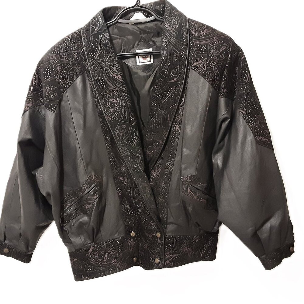 Vintage 1980s Paris Sport Club Paisley Leather Suede Jacket Womens L Black Korea